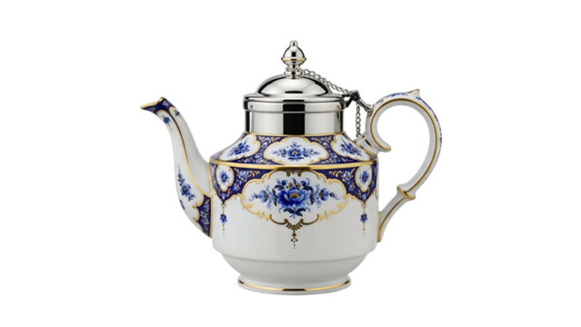 Elegant porcelain beverage server displays intricate blue floral patterns and metallic accents against a dark background