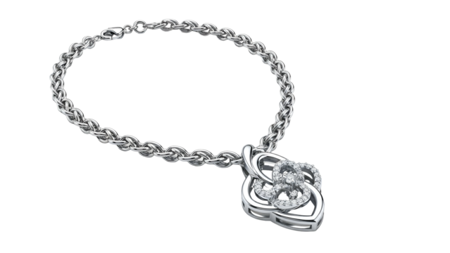 Shiny metallic chain necklace featuring an ornate pendant adorned with small brilliant gemstones - Powered by Adobe