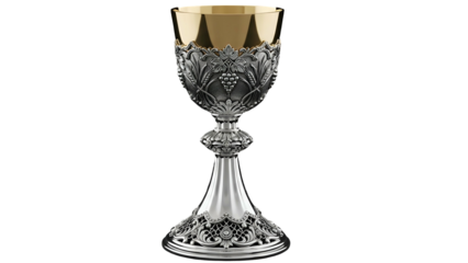 Ornate religious vessel features intricate silverwork and a gilded interior against a dark background