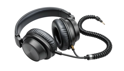 Professional over ear audio device with coiled cord rests against a solid black background