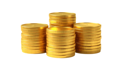 Four distinct stacks of shiny golden coins illuminated against a pure black background