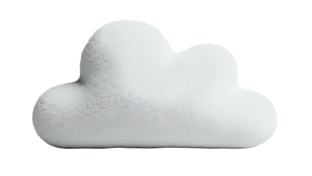 Plush white decorative object shaped like a cloud floats against a stark black background