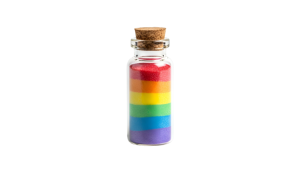 Small glass vial holds layers of colorful sparkling material against a dark background