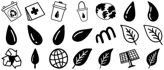 Eco Doodle Clipart Set | Hand Drawn Environment Icons | Recycle, Earth, Solar Panel, Leaves, Water Drop & Reusable Cup Illustrations | Black and White Sustainability Line Art for Eco Projects & Poster