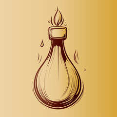 Potion bottle with a flame, vintage sketch style, representing an alchemical ingredient, on a sepia gradient background