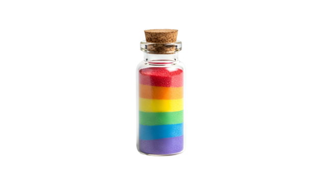 Small glass vial holds layers of colorful sparkling material against a dark background