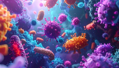 Microscopic view of brightly colored viruses/bacteria floating within a dynamic, textural environment