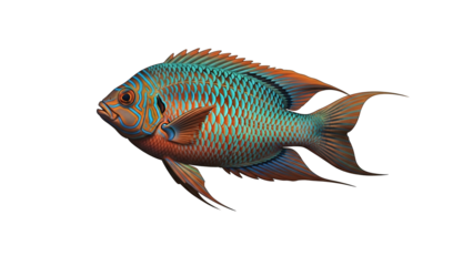 Detailed illustration of an aquatic creature with vibrant scales against a dark backdrop