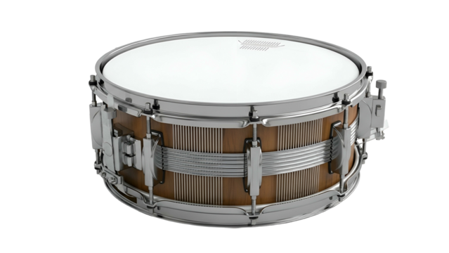 Detailed  shot highlights the construction of a wooden shell snare drum with chrome hardware