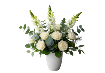 Elegant white roses and snapdragon flower arrangement in a white vase isolated on transparent background