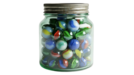 Assortment of colorful glass spheres contained within a sealed, transparent vessel