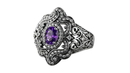 Ornate silver ring featuring a central oval purple gemstone surrounded by brilliant small clear stones
