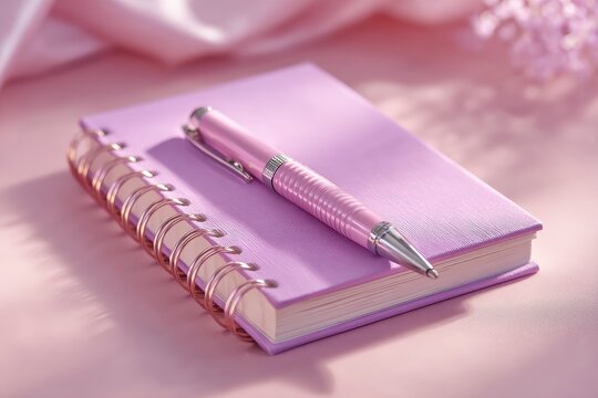 A pink ballpoint pen rests on a matching spiral notebook, bathed in soft, diffused lighting and