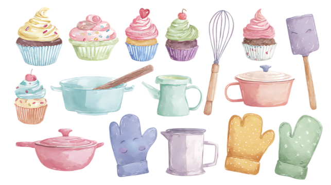 Watercolor baking supplies and sweet cupcakes isolated on transparent background