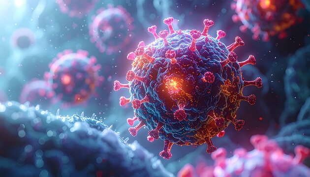 Microscopic view of virus cells with red spikes, glowing. Scientific visualization