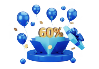 Golden sixty percent discount symbol emerging from blue gift box with balloons isolated on transparent background