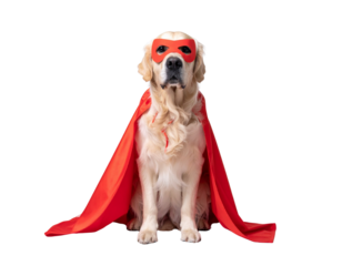 Relaxed Golden Retriever Superhero Sitting Sideways with Flowing Yellow Cape, isolated on transparent background