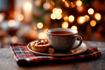 Mince pie on napkin, cup of mulled wine beside, Christmas atmosphere background