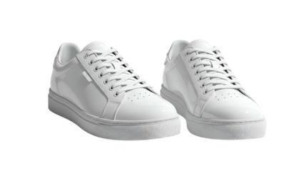 Two bright white low-top athletic shoes are displayed against a solid black background