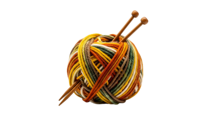 Multicolored yarn ball with knitting needles rests against a solid black background