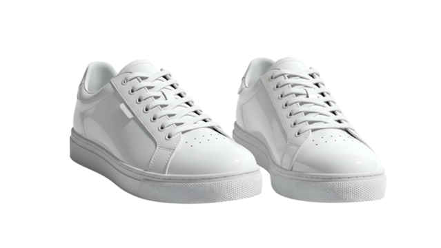 Two bright white low-top athletic shoes are displayed against a solid black background