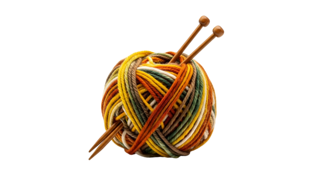 Multicolored yarn ball with knitting needles rests against a solid black background
