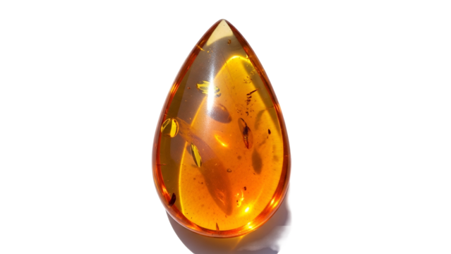 Polished teardrop shaped fossilized resin specimen containing minute preserved arthropods against a dark background