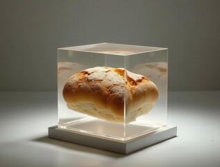 Loaf of bread floating in a transparent cube container