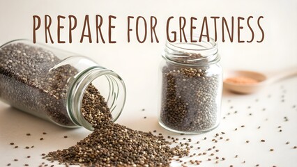 Chia Seeds Pouring from a Glass Jar on a White Table
