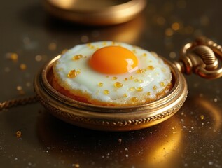 Fried egg inside golden pocket watch with sugar drops resembling golden nuggets