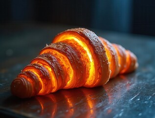 Glowing croissant illuminating dark table with warm light