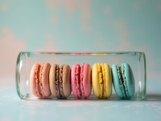 Colorful macarons resting inside glass container on light blue background