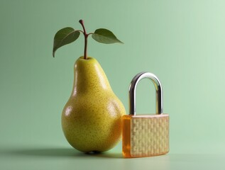 Ripe Pear Secured with Padlock Symbolizing Data Protection