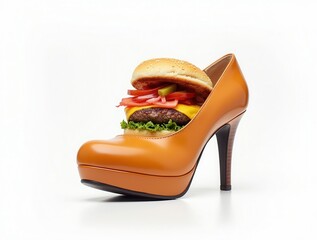 Cheeseburger inside an orange high heel shoe on white background