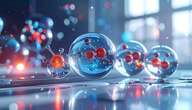 Microscopic world of molecules in transparent spheres with a blurry, modern background and vibrant color accents