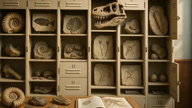paleontological museum room showcases ancient artifacts with shelves filled with remains of dinosaurs, fossils prehistoric reptiles. paleontological exhibition room of extinct creatures.
