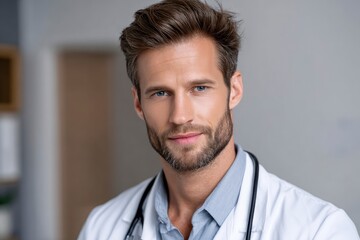 Obraz premium Handsome professional doctor looks confidently forward wearing a white coat and stethoscope in a