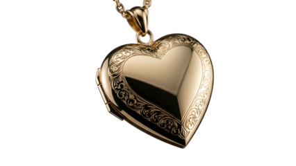 Ornate gold heart locket hangs from a delicate chain against a dark background