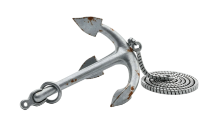 Heavily weathered metal maritime anchor with a coiled rope lies against a solid black background