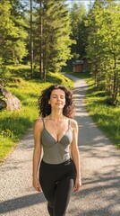 A woman walking down a dirt road in the woods