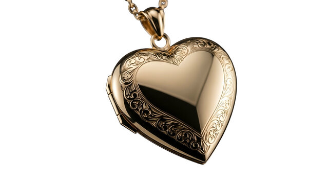 Ornate gold heart locket hangs from a delicate chain against a dark background
