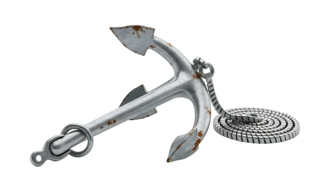 Heavily weathered metal maritime anchor with a coiled rope lies against a solid black background