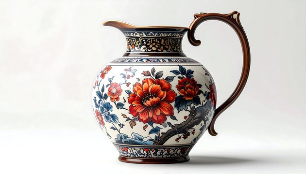 Ornate ceramic pitcher, featuring a vibrant floral design with a delicate handle, set against a bright backdrop