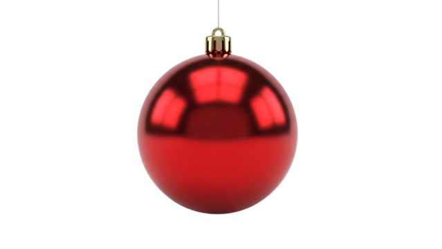 Shiny red spherical decoration hangs suspended against a deep black background