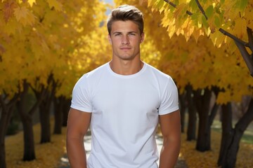 A man in a white shirt standing in front of a tree