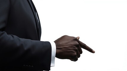 A man in a suit pointing at something with his finger