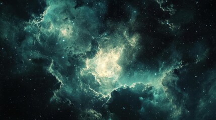 Obraz premium A vast, ethereal nebula with a central, luminous cloud of gas and dust, surrounded by a halo of stars and cosmic dust, set against a dark, star-studded backdrop.