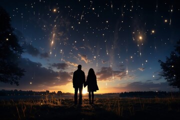 A man and a woman standing in a field holding hands under a starry sky