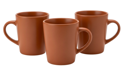 Three reddish brown ceramic drinking vessels are presented against a solid black background