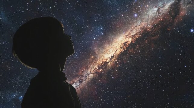 A silhouette of a boy looking up at a starry night sky with a large, bright galaxy in the background. The boy has short hair and is wearing a dark shirt. 